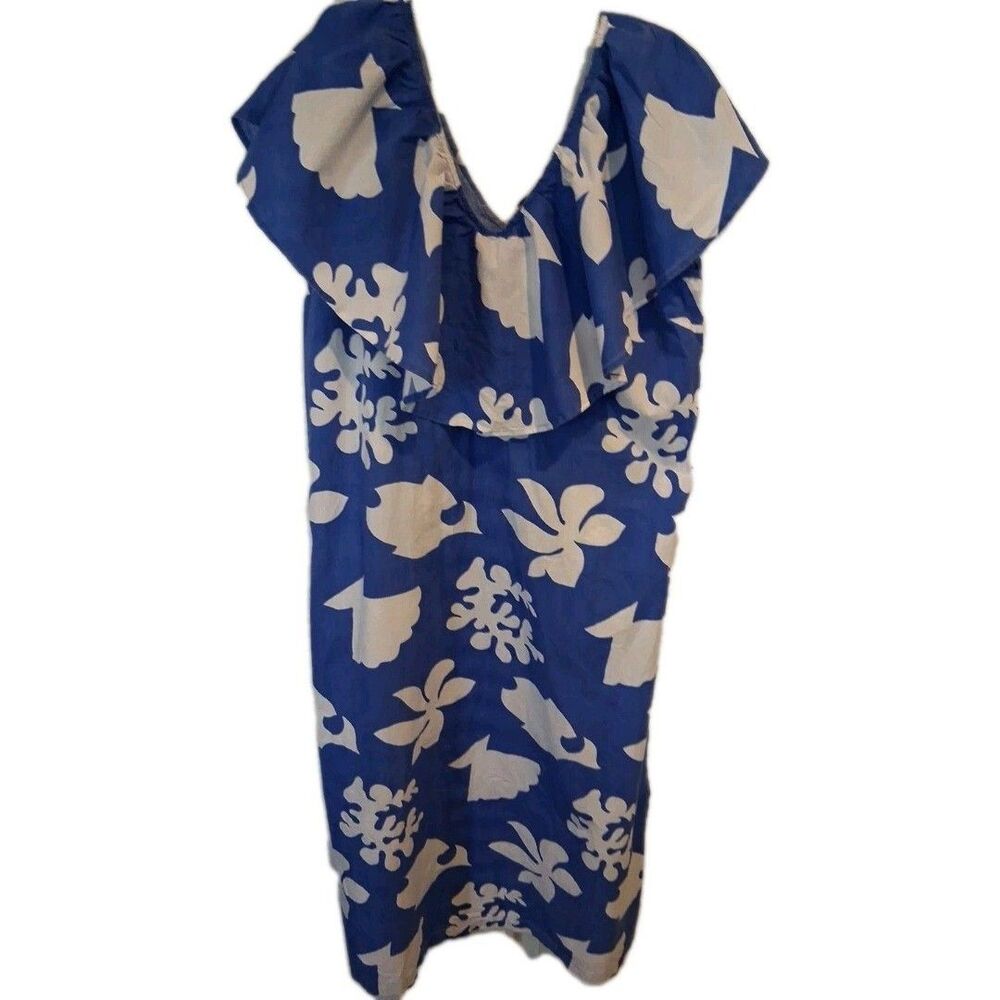 TUCKERNUCK  MAXI DRESS WOMEN OFF-THE-SHOULD LARGE BLUE WHITE PALM LEAF  COASTAL